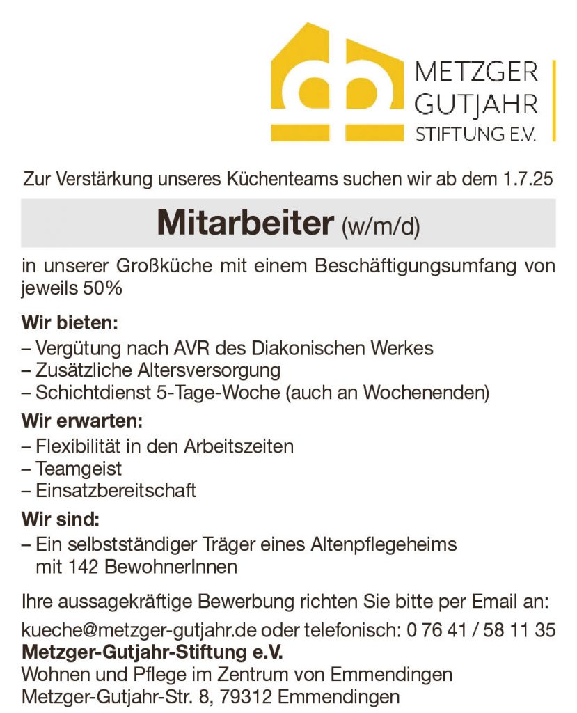 Anzeige Mitarbeiter m/w/d als Hilfe in der Kücke