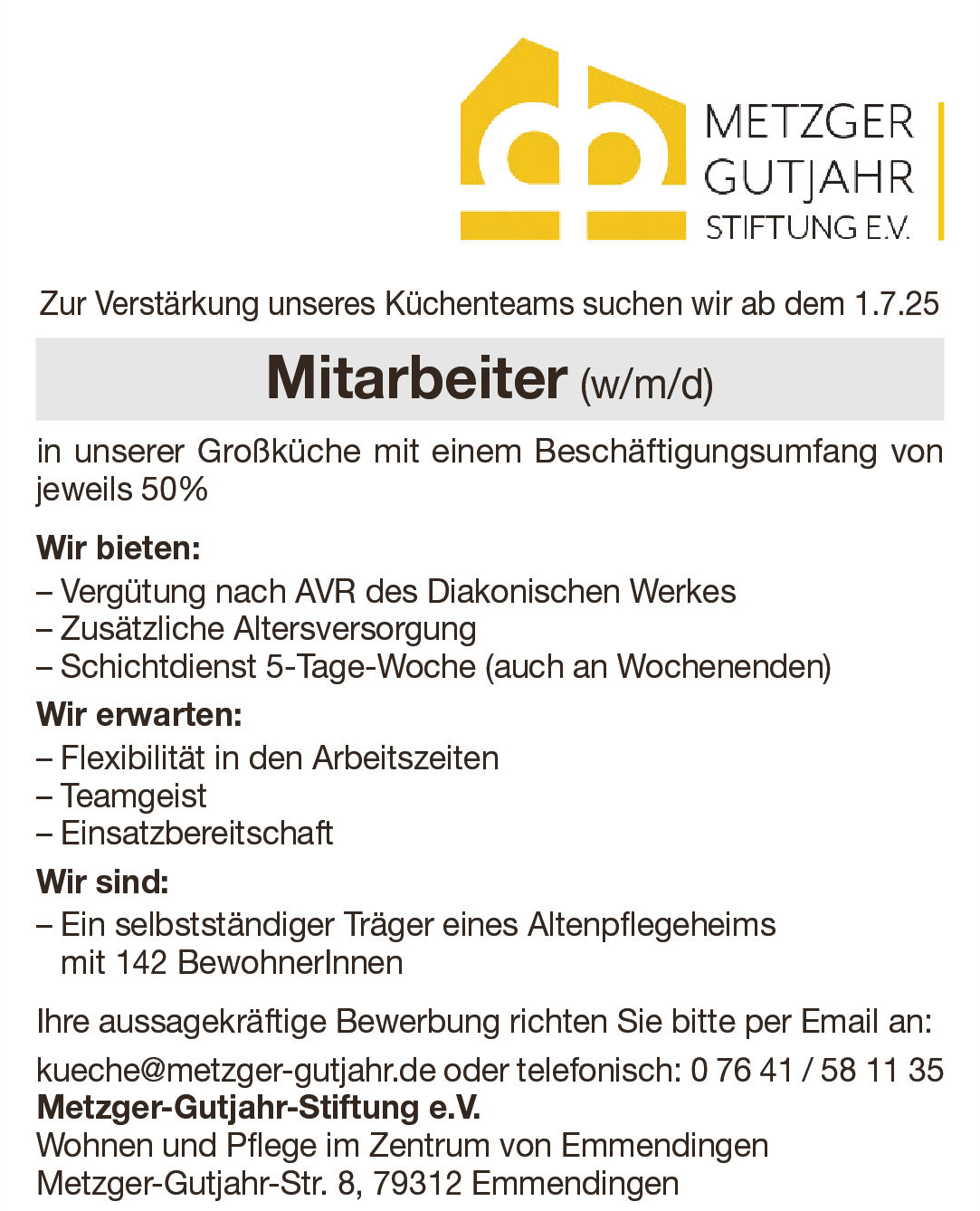Anzeige Mitarbeiter m/w/d als Hilfe in der Kücke